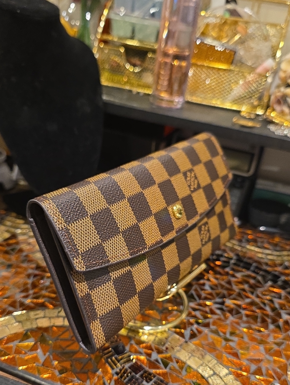 Brown Checkered Women's Long Wallet with Gold Trim